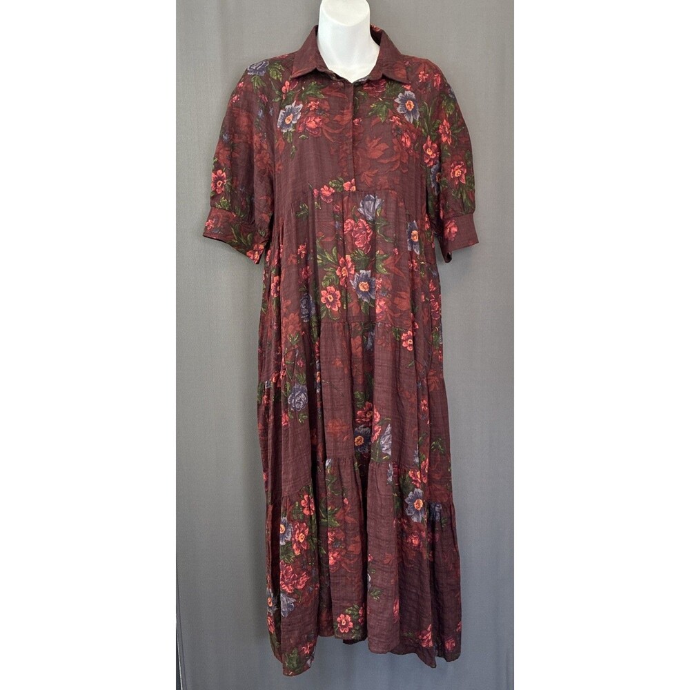 Natural Life Rebecca Tiered Midi Shirt Dress Medium Maroon Floral Boho Cottage